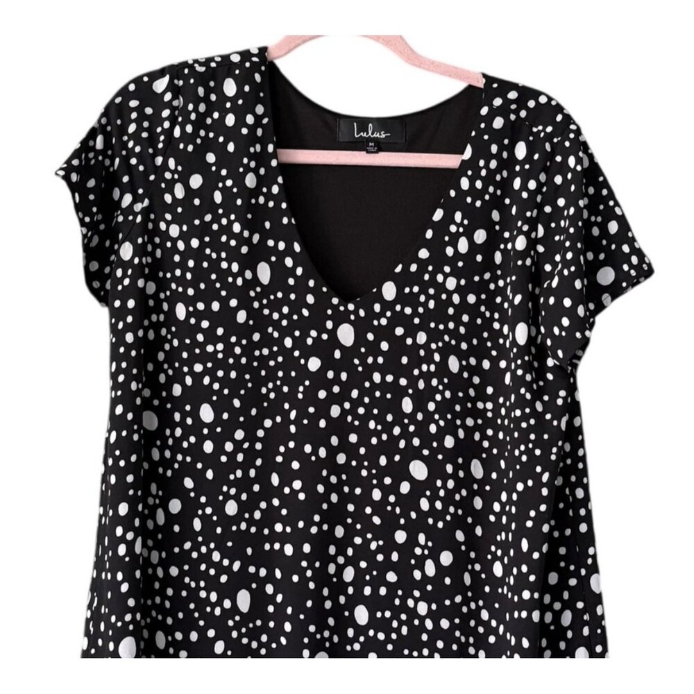 Lulus Black White Dots V-Neck Short Sleeve A-Line Dress M Casual Office Wear - Picture 2 of 6